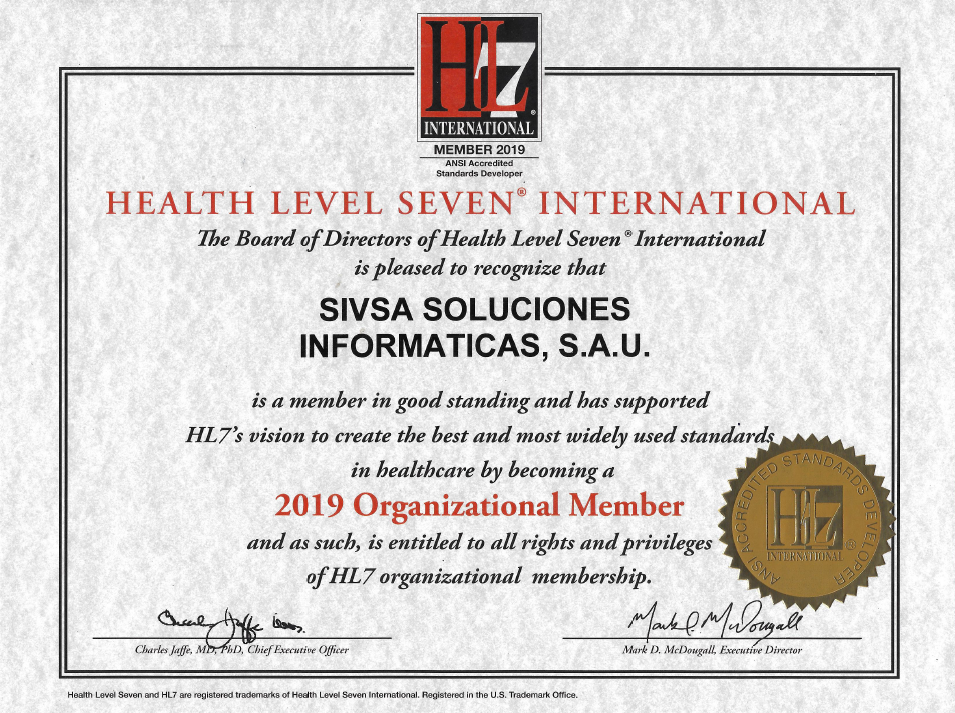 Certificado que acredita a SIVSA como miembro de la Health Level Seven International.