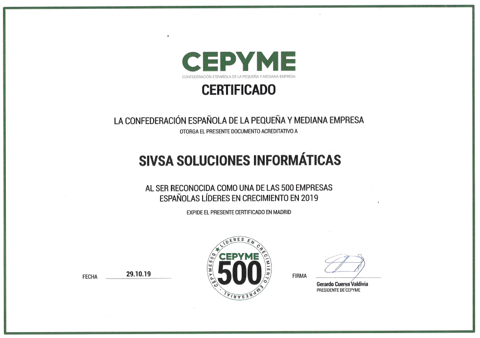 Certificado del sello Cepyme500, otorgado a SIVSA y que la acredita como empresa líder en crecimiento empresarial en 2019.